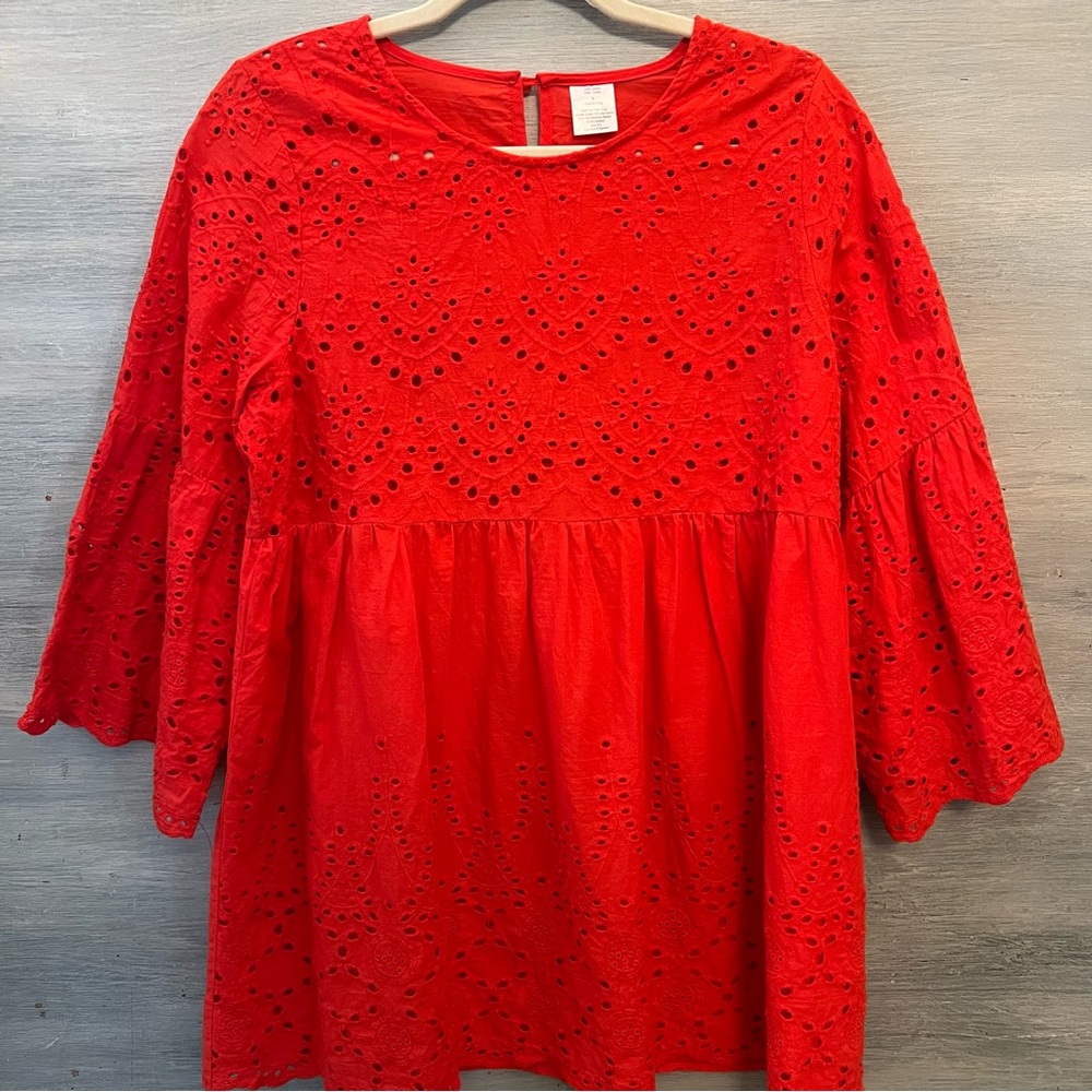 100% Cotton Red Eyelet Scoop Neck 3/4 Bell Sleeve Smock Blouse Large Like New